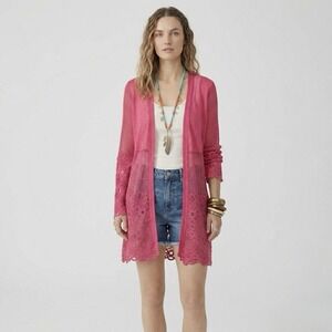 Forgotten Grace‎ Crochet Hot Pink Open Cardigan M Sheer Knit Boho Beach Vacation